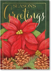 Poinsettia flowers and pine cones