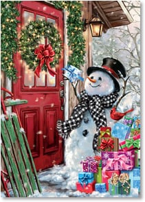 Snowman at front door with gifts