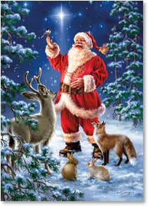 Santa with wildlife in snowy forest