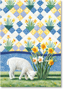 Lamb and daffodils with quilt background