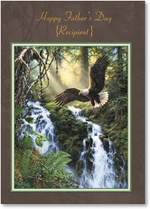 Bald eagle flying over waterfall