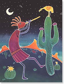 Kokopelli with cactus and bird