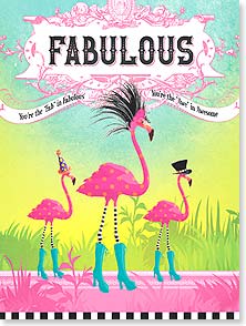 Flamingos wearing hats and high heeled boots