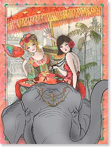 Two vintage women riding elephant