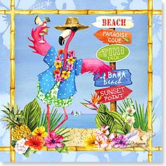 Humorous flamingo by beach direction sign