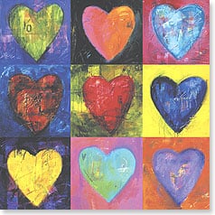 Nine different colored hearts