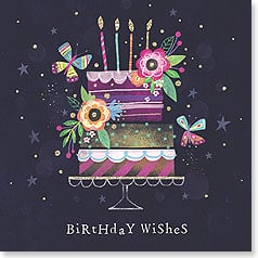 Birthday cake, flowers and butterflies on black background