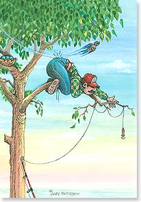 Fisherman climbing out on tree limb