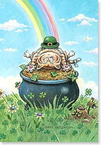 Cat lying on pot of gold at rainbow