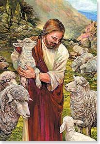 Jesus holding lamb with others around