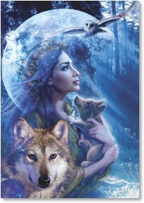 Woman holding wolf pup with a wolf and owl