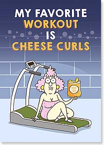 Aunty in bathing suit on treadmill with cheese curls 