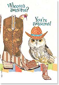 Owl wearing cowboy hat next to cowboy boots