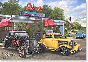 Route 66 diner with hot rods