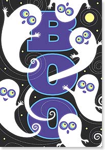'BOO' surrounded by six ghosts