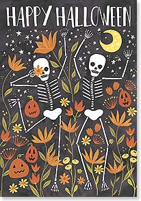 Skeletons dancing under night sky