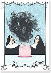 Pair of nuns with burning cake