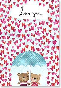 Cute bear couple under umbrella, raining hearts