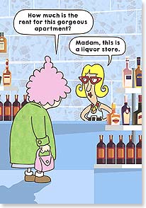 Funny cartoon of old woman in liquor store