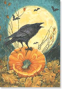 Crow perched on pumpkin in front of full moon