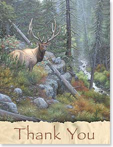 an elk standing in the woods near a river with the words 'thank you' underneath