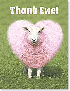 sheep with heart shaped wool under the words 'thank ewe' as a sheep pun
