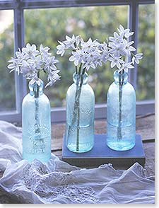 Three blue glass jars with flowers