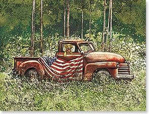 RED PICK-UP TRUCK, DOG, AMERICAN FLAG