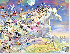 Unicorn running with butterflies