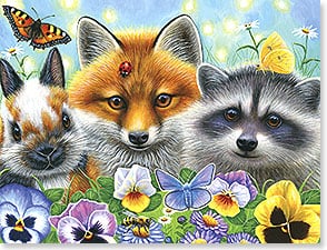 RABBIT, FOX, RACCOON IN FLOWERS