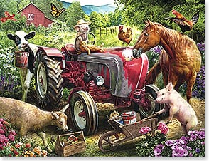 FARM ANIMALS HANGING OUT IN FARMYARD with red tractor