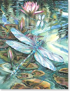 a painted dragonfly hovering over water with lilypads and flowers