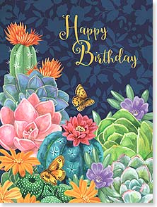 Cactus, succulents and flowers with butterflies