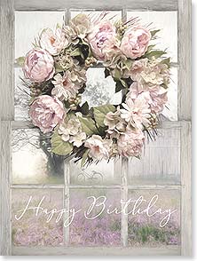 Pink peony wreath on wooden window