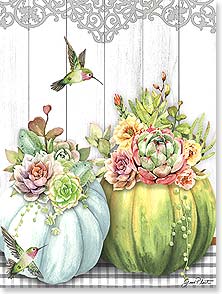 GRAY AND GREEN PUMPKINS WITH SUCCULENTS and hummingbirds