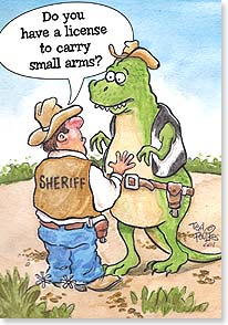 Sheriff confronting a T-Rex cowboy