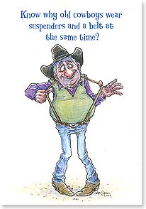 cartoon of an elderly cowboy tugging at his suspenders