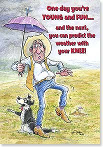 cartoon of an old cowboy holding an umbrella in the rain and lifting up an aching knee