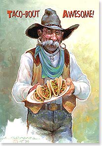 an illustration of a cowboy with a big mustache holding a plate of tacos