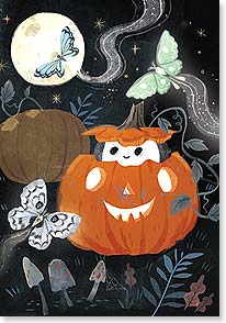 Ghost popping out of pumpkin with glow in the dark moths and full moon glitter
