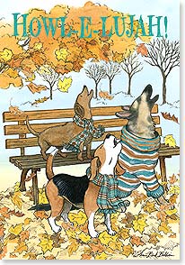 Howling dogs wearing scarves with fall foliage