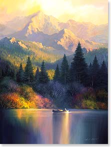 Canoe on lake and mountains