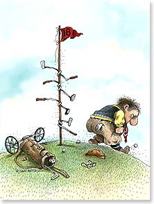 Angry golfer, his clubs all wrapped around the hole's flag