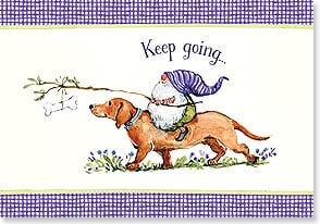 illustration of a gnome dangling a bone in front of a dog as he is riding on its back