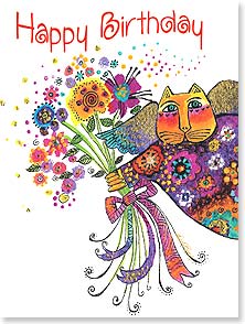 Cat with wings holding flower bouquet