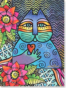 Colorful cat holding heart with flowers