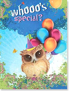 Owl wearing party hat holding balloons