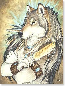 Native American wolf character standing upright with arms crossed