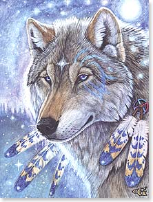 Wolf with indian feathers in mane