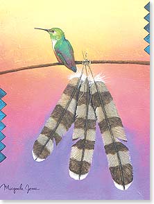Hummingbird on a line with feathers hanging below